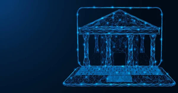 電子銀行だ ラップトップ画面に金融機関の建物 相互接続線とドットの低ポリデザイン 青の背景 — ストックベクタ