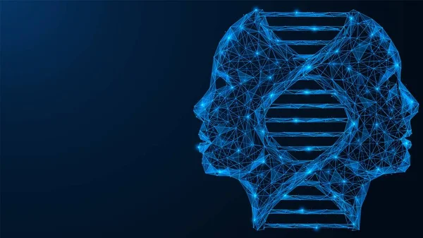遺伝子Dna検査 ヒトゲノム研究 人々の顔を持つスパイラル 相互接続線と点の多角形のデザイン 青の背景 — ストックベクタ