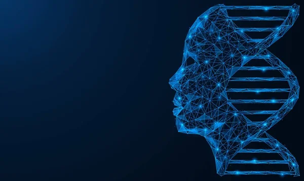 人間の顔をしたDnaスパイラル 科学的な遺伝子研究 系図情報 相互接続線と点の多角形のデザイン 青の背景 — ストックベクタ