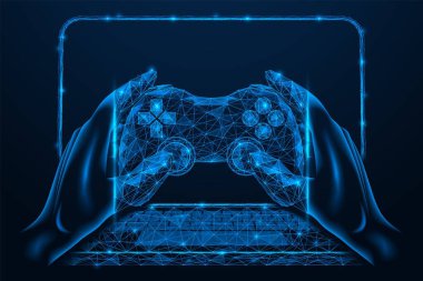 Gaming gamepad in the hands on the background of a laptop. Playing a network game. Low-poly design of interconnected lines and dots.