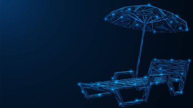 Beach lounger with an umbrella. Relaxing on the beach. Polygonal design of lines and dots. Blue background.