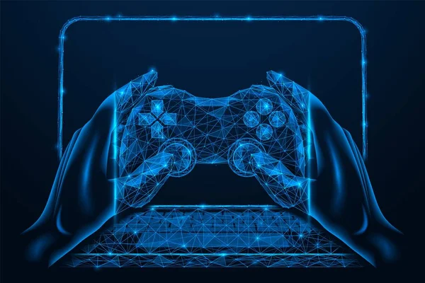 Gaming Gamepad Hands Background Laptop Playing Network Game Low Poly — 图库矢量图片
