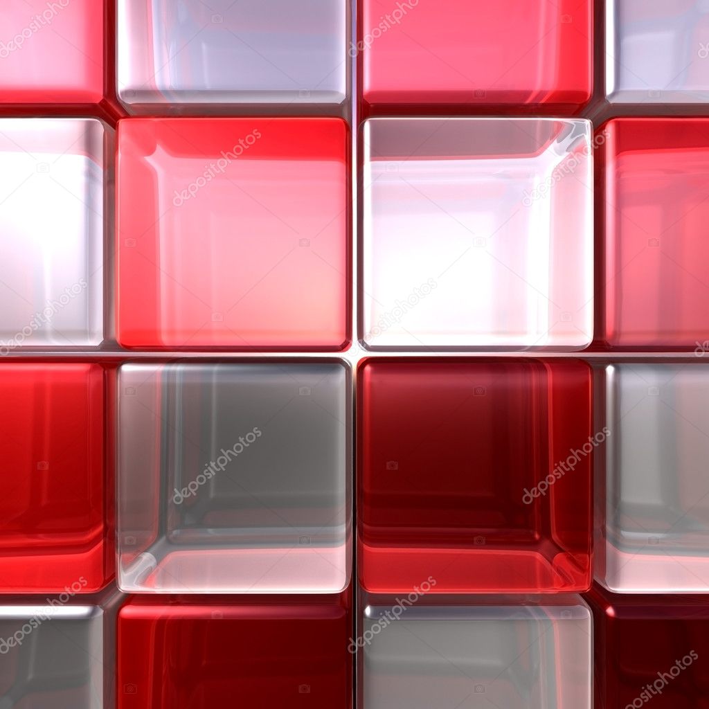 Red and white rounded glass cubes. High resolution with interesting glass refractions.