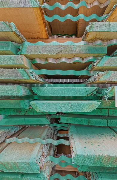 Stacked wood in the sawmill close up — Stock Photo, Image