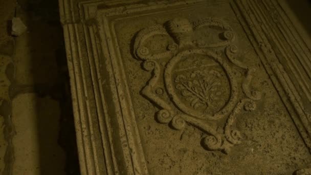 Tombstones on the floor of the Church of Saint Nicholas Muster on island Vis — Stock Video