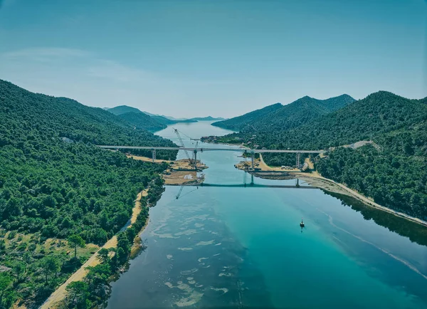Ston Croacia Abril 2022 Construcción Del Puente Acero Sobre Bahía — Foto de Stock