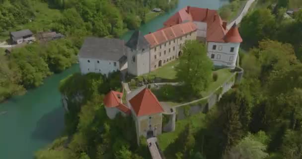 Aerial View Old Castle Town Ozalj Built Cliff Kupa River — Wideo stockowe