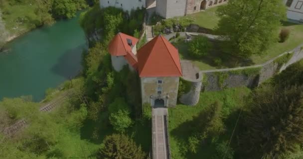 Aerial View Old Castle Town Ozalj Built Cliff Kupa River — 图库视频影像