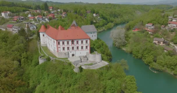 Aerial View Old Castle Town Ozalj Built Cliff Kupa River — Stock video