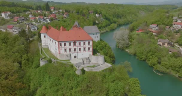 Aerial View Old Castle Town Ozalj Built Cliff Kupa River — 图库视频影像