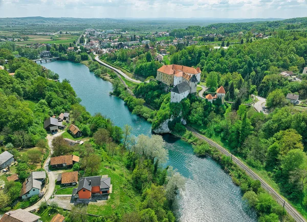 Aerial View Old Castle Town Ozalj Built Cliff Kupa River — Stockfoto