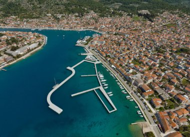 VELA LUKA, CROATIA - AUGUST 10, 2022: Aerial view of the town center during summer time.
