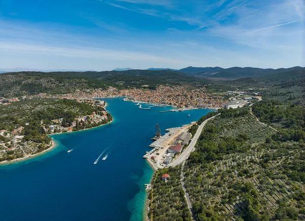 Panoramic Aerial View Vela Luka City Island Korcula — Stockfoto