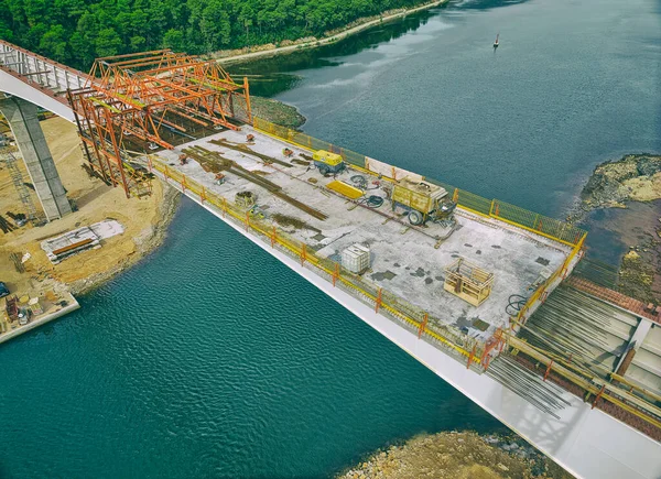 Beginning Cementing Road Lane Steel Bridge Ston Sea Bay Croatia — Stock Photo, Image