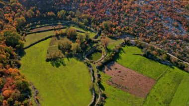 Aerial view of the plateau in the hinterland of Konavle near the village of Stravac, the wider area of Dubrovnik. Traditional drwall borders visible in the landscape.