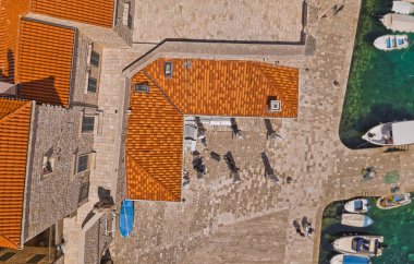 DUBROVNIK, CROATIA - APRIL 26 2022: The old town harbor aerial panoramic view.