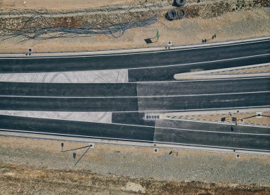 Expressway on the Peljesac peninsula under construction with final works, aerial view of the construction site