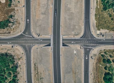 Expressway on the Peljesac peninsula under construction with final works, aerial view of the construction site