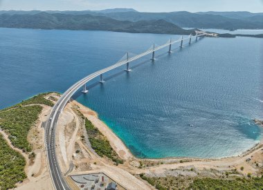 Panoramic view of the Peljesac bridge connects the mainland with the peninsula, near Ston in Croatia