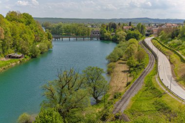 Railway line by the river Kupa in the town of Ozalj, Croatia