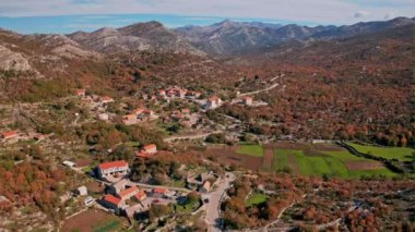 Aerial view of the plateau in the hinterland of Konavle near the village of Stravac, the wider area of Dubrovnik. Traditional drwall borders visible in the landscape.