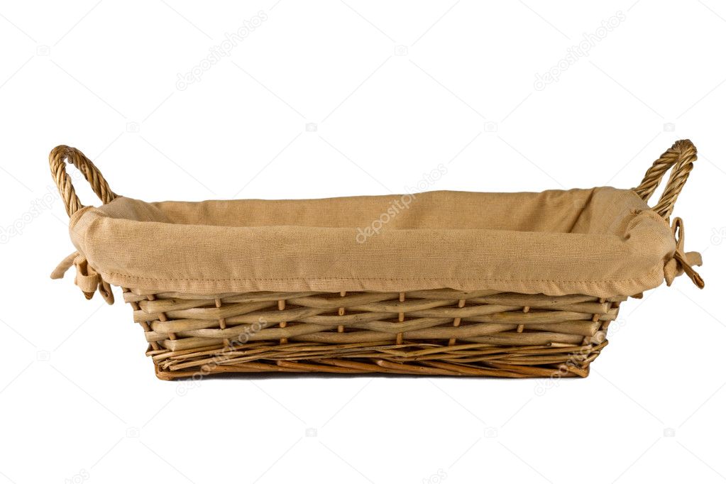 Empty wooden fruit or bread basket isolated on white background