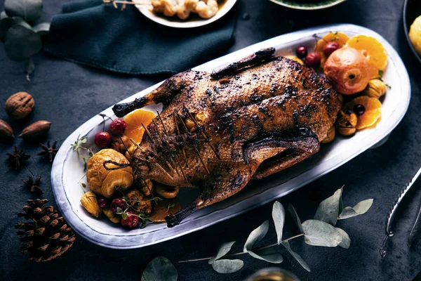 Top View Delicious Roasted Duck Served Festive Christmas Table — Stock Photo, Image