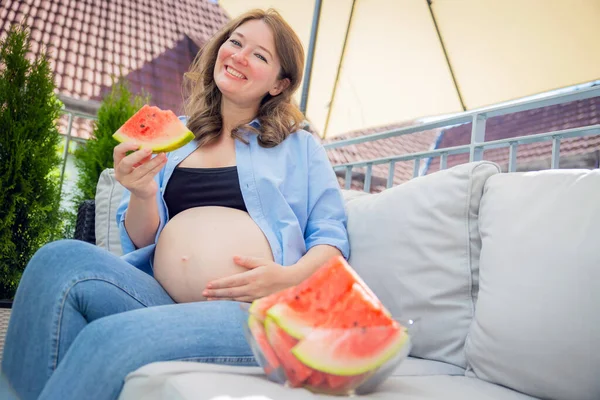 Young Pregnant Woman Eating Watermelon Balcony Home — Foto de Stock