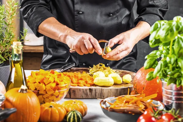 Partial View Chef Preparing Organic Ingredients Healthy Pumpkin Soup Royalty Free Stock Images