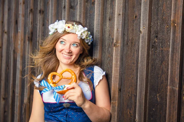 Beautiful Woman Pretzel Traditional Bavarian Dirndl Oktoberfest Stock Picture