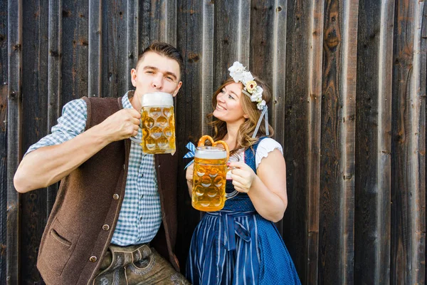 Young Woman Man Beer Glasses Pretzel Wooden Background Oktoberfest Concept — Stock Photo, Image