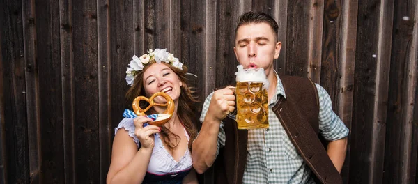 Young Woman Man Beer Glass Pretzel Wooden Background Oktoberfest Concept Stock Photo