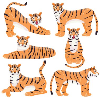 Çin kaplanı. Bir sürü sevimli hayvan. Kedi. Modern bir düz stil. Yılın sembolü oldu. Tasarımın için..