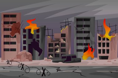 Savaştan sonra şehri yok etti. Savaşın sonuçları işte. Yıkılmış evler. Modern stilde vektör illüstrasyonu.
