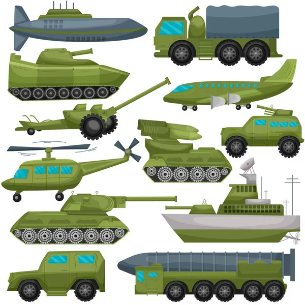 Conjunto de equipo militar. Tanque, coche blindado. BTR. Actividades bélicas. Tecnología del ejército. Para su diseño. — Vector de stock