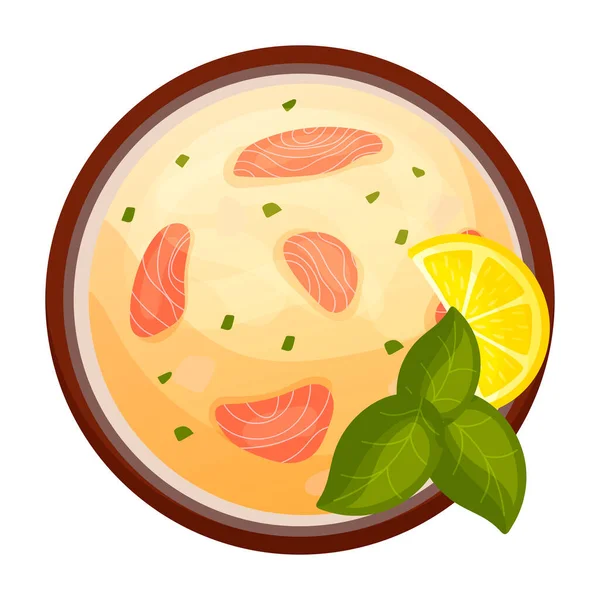 Suppe mit Fisch. Ucha. Restaurant Gericht im Cartoon-Stil. Blick von oben. Lachs. Richtige Ernährung. Meeresfrüchte. — Stockvektor
