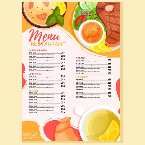 Menu de restaurante. Imagem de refeições cozinhadas. Bife e sopa de peixe. Ilustração vetorial moderna para cafés e restaurantes. — Vetor de Stock