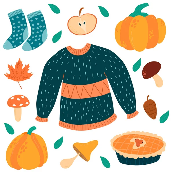 Vector Set Autumn Icons Sweater Falling Leaves Cozy Food Candles — Stockvektor