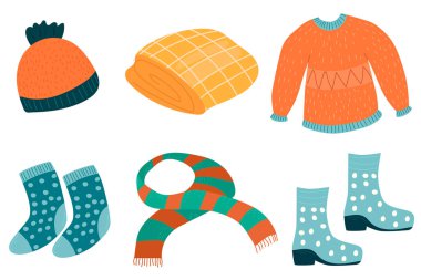 Set with warm clothes for autumn. Sweater, rubber boots, scarf, socks. Cute vector illustration in hand draw style. Icons, sticker.