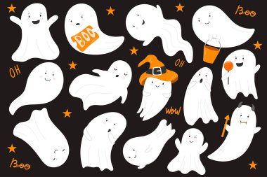 Big set of cute ghosts. All Saints Day. Halloween. Vector object for use on stickers, your designs.