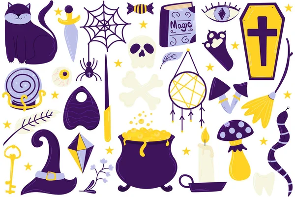 Set Magique Grand Ensemble Objets Occultes Halloween Sorcières Ensemble Dessin — Image vectorielle