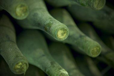 bir yaşlanma süreci içinde şarap şişeleri