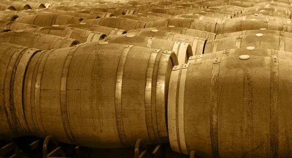 Barriques de vin dans une cave de vieillissement — Photo