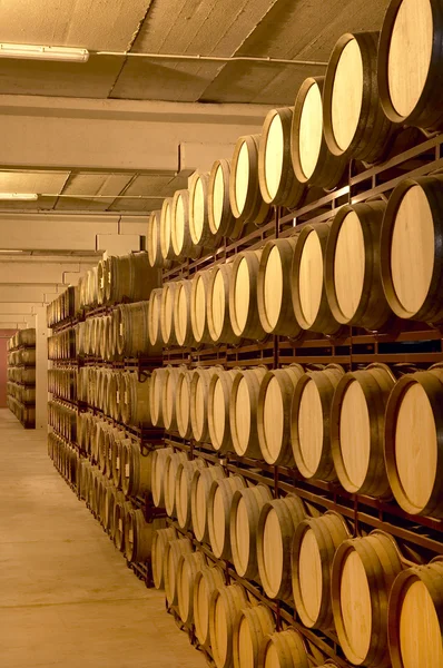 Barriques de vin dans une cave de vieillissement — Photo