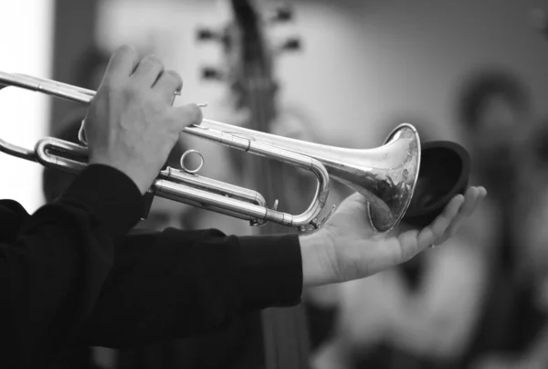 Musician hands playing the trumpet — Stock Photo, Image