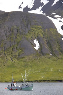 İzlanda siglufjordur Fiyordu üzerindeki balıkçı teknesi