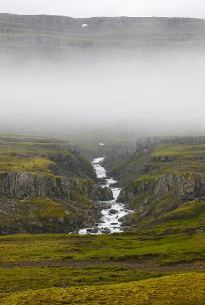 İzlanda. Doğu fiords. nehir ve kayalar sis. — Stok fotoğraf