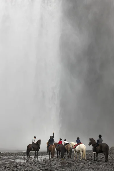 Islandia. Zona sur. Cascada de Skogafoss con caballos y jinetes —  Fotos de Stock