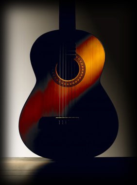 gri arka planı olan İspanyol klasik gitar