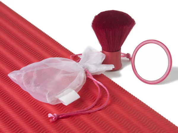 Female brush kit with bag and mirror — Stock Photo, Image